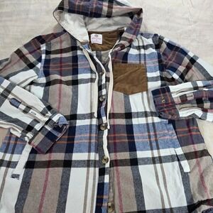 Marleylilly Plaid Hooded Flannel Shirt Womens Medium Blue Tan Corduroy Shacket